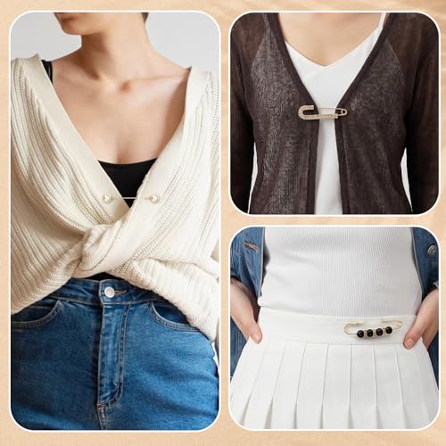 24 Pcs Pearl Crystal Brooch Fashion Sweater Shawl Clips Neckline Safety Pant Waist Pin Dress Shirt Clips for Women Clothes Sweater Shawl Collar Dress Cardigan Shirt Jeans Accessories