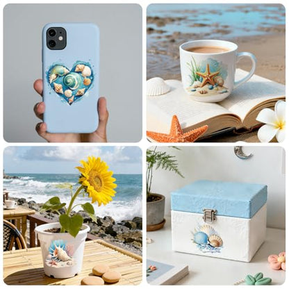 Peacoblue 18 Sheets Rub on Transfers for Crafts, Seashells Starfish and Conch 3.6"x3.9" UV DTF Cup Wraps Waterproof Rub on Cold Transfers Stickers for Wood Glass Metal Cup Tumblers Mirrors Mugs Decor - style: Seashells Starfish and Conch