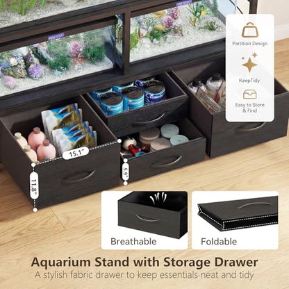 Heybly 55-75 Gallon Fish Tank Stand, Aquarium Stand with Drawer, Power Outlet, Heavy Duty Metal Frame, for Fish Tank, Turtle & Reptile Terrarium, 36.2" L × 18.1" Top, 660lbs (Top)+400lbs(Mid), Black HAS005BK - color: Black, size: 55-75 gal