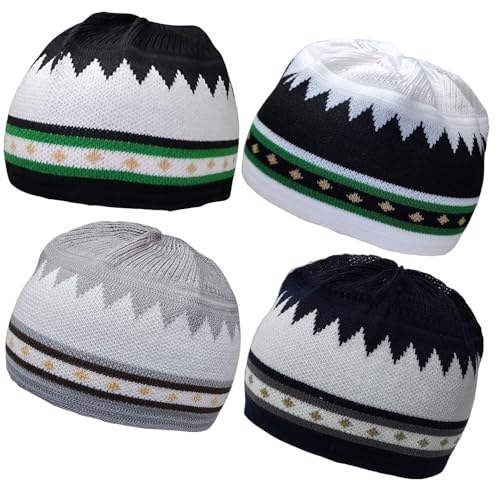 Set 4 Kufi Hat for Men Muslim AMN-225 Beanie Skull Cap Islam Taqiyah Takke Gift - color: Color Set 6