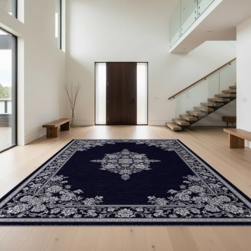 8'x10' Blue Silver Midnight Floral Prayer Design Washable Area Rug - color: Blue/Pattern 17, size: 8' x 10' (Rectangular)
