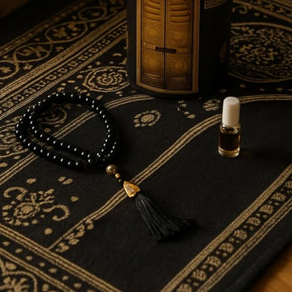 Islamic Prayer Rug 4 Pcs Gift Set with Kaaba Design Box | Sajadah, Tasbih, Perfume | Suitable for Ramadan, Eid, Travel, or Home (Black, Standart) - color: Black
