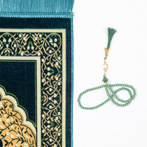 Muslim Prayer Rug, Soft Plush Thin Islamic Prayer Mat, Janamaz, Sajada, Praying Carpet, Islamic Gift for Men & Women, Islamic Mat, DarkGreen, Eid & Ramadan Gift with Prayer Beads, 26x43 inch - color: Darkgreen-sacred