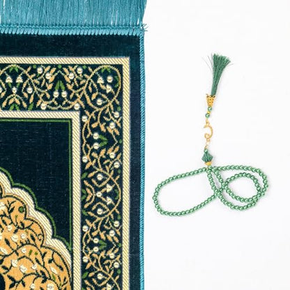 Muslim Prayer Rug, Soft Plush Thin Islamic Prayer Mat, Janamaz, Sajada, Praying Carpet, Islamic Gift for Men & Women, Islamic Mat, DarkGreen, Eid & Ramadan Gift with Prayer Beads, 26x43 inch - color: Darkgreen-sacred