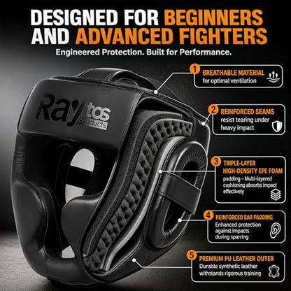 Boxing Headgear for Men Women – Professional Lightweight Open Face Head Guard, Breathable Protection, Secure Fit for MMA Muay Thai Kickboxing Sparring Training - color: Black