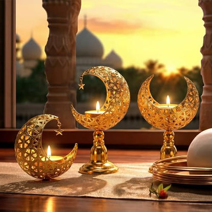 Yungyan 3 Pcs Ramadan Candlestick Holder Eid Mubarak Metal Moon Shape Tealight Candle Holder Ramadan Candle Stand Table Centerpieces for Islamic Party Wedding Festival Gift Decor