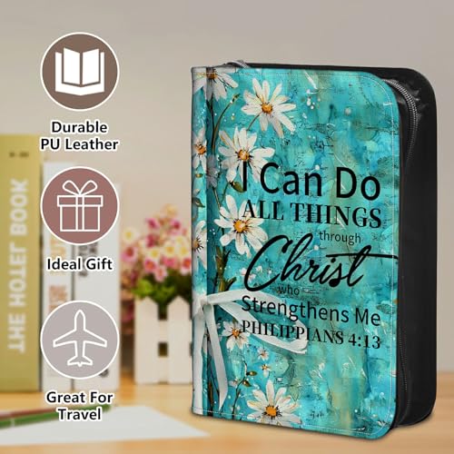 Bible Cover Case for Women, PU Leather Large Bible Cases with Zipper Fits Books Up to 12" x 9" x 2.76”, Bible Carrying Bag for Men, Daisy Wood Bible - color: Daisy Wood Bible