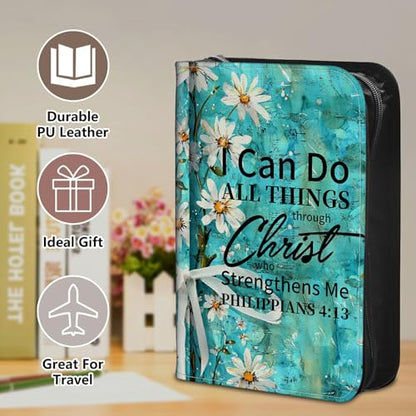 Bible Cover Case for Women, PU Leather Large Bible Cases with Zipper Fits Books Up to 12" x 9" x 2.76”, Bible Carrying Bag for Men, Daisy Wood Bible - color: Daisy Wood Bible