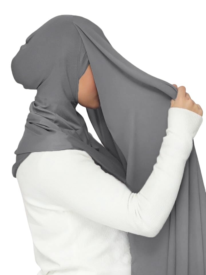 Lina & Lily Flowy Chiffon Instant Hijab Scarf Attached Jersey Ninja Undercap Full Coverage for Muslim Women - color: Dark Gray