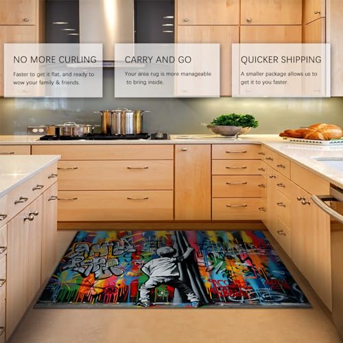 Boy Draws Curtain Entryway Rug Colorful Graffiti Rugs Creative Street Art Low Pile Rugs for Bedroom Study Playing Room Nursery 4'x7' - size: 4'x7'
