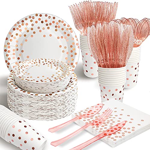 AIRE Rose Gold Paper Plates Set, 350PCS Disposable Tableware for 50 - color: 350Pcs White and Rose Gold
