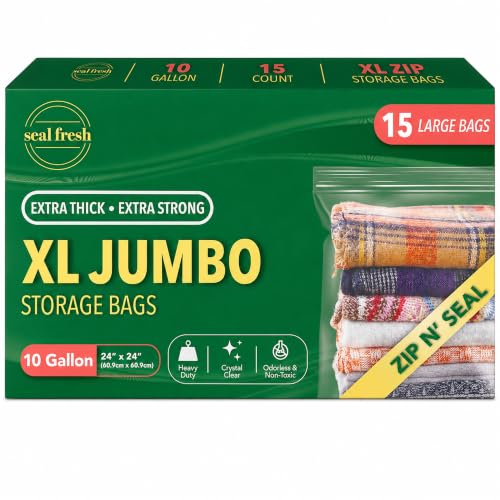 Seal Fresh 10 Gallon Large Plastic Storage Bags – 24" x 24" (15 Count) – Reusable XXL Extra Large Clear Jumbo Zip Bags with Sealable Zipper Top For Clothes, Travel, Moving - size: 10 Gallon - 15 Pack