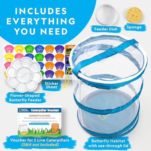 National Geographic Butterfly Growing Kit - Butterfly Habitat Kit with Voucher to Redeem 5 Caterpillars (S&H Not Included), Butterfly Cage, Feeder (Amazon Exclusive) - style: Starter Butterfly Kit