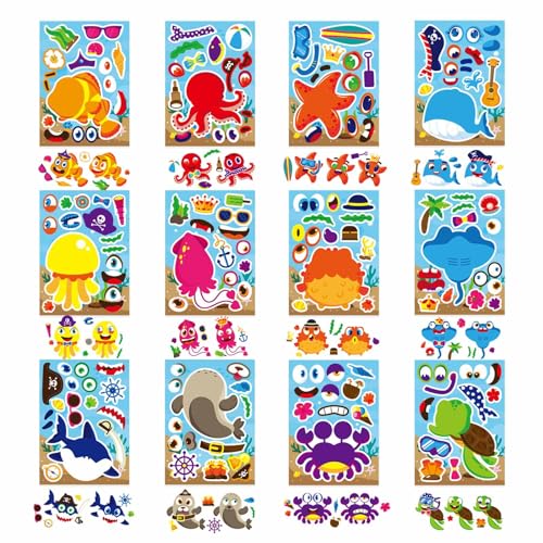 Ocean Stickers for Kids Toddlers, Make a Face Sea Animal Stickers | 24 Sheets Make Your Own Stickers for Kids Under The Sea Animal Summer Beach Stickers, Ocean Sea Party Favors - style: Ocean Stickers