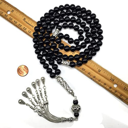 Special Prayer Beads Series -99 beads- Tesbih Tasbih Tasbeeh Misbaha Masbaha Subha Sebha Sibha (Black Glass -10 mm 99 Big Beads- & Zircon Stone Design) - color: Black Glass -10 mm 99 Big Beads- & Zircon Stone Design