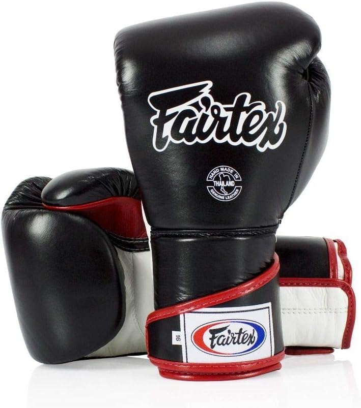 Fairtex BGV6 Angular Boxing Gloves, Locked Thumb Muay Thai MMA Kickboxing | Premium synthetic body with triple-layer foam padding. Joint protection and firm wrist support safeguard hands on heavy bags - color: Black/White/Red, size: 12oz
