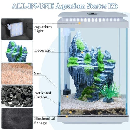 Small Glass Aquarium, 1 Gallon Desktop Fish Tank, Betta Fish Tank, Mini Aquarium Starter Kit with Air Pump LED Light Decoration Water Changer Fish Net (White) - color: White