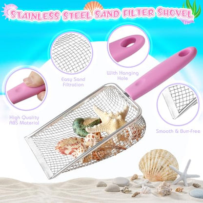 FHOZGECY Beachcombing Treasure Kit with 2 Sifters for Family Beach Vacation | Collapsible Bucket, Stainless Mesh Shovel, Shark Tooth Sifter, Scoop and Mesh Bag for Shelling, Outdoor Play for Kids 3-12