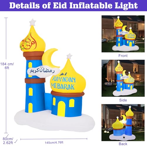 Lewondr 6.04FT Outdoor Inflatable Moon Decorations, Waterproof Inflatable Eid Mubarak Decor, Blow Up Muslim Holy Ramadan Celebration Decor with LED Lights, Outdoor Muslim Holidays Inflatables for Yard - style: Moon and Mosque
