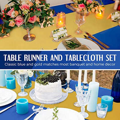 Breling 8 Pack Navy Blue and Gold Disposable Plastic Tablecloths and Satin Table Runner Set, 54 x 108 Inch Tablecloth, 12 x 108 Inch Table Runners for Wedding Graduation Birthday Baby Shower New Year - color: Navy Blue and Gold