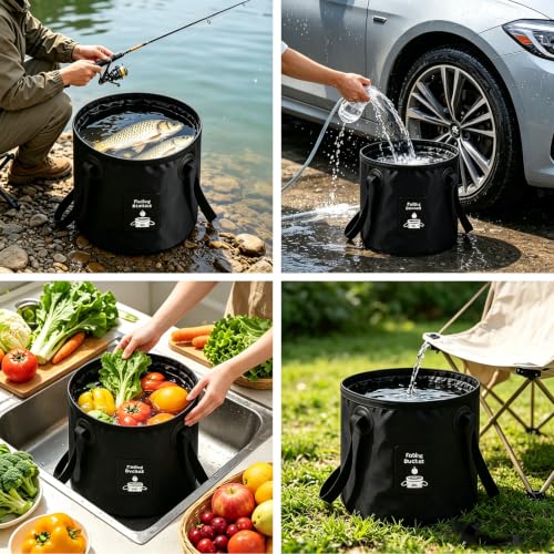 Collapsible Bucket with Handle, Lightweight Folding Water Container, Portable Collapsible Bucket for Fishing, Camping, Hiking, Backpacking, Outdoor Survival, Car Washing Black 12L - size: 12L