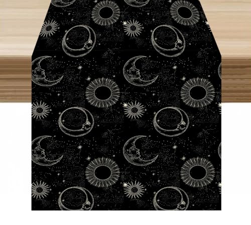 Moon Table Runner Black Gold Witchy Moon Phase Celestial Tarot Constellation Decor for Indoor Outdoor Wedding Party Dinner Festival Farmhouse Holiday Home Kitchen Dining Room, 13x36in - color: Moon-black2, size: 13x36in