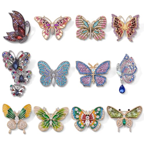 Junkin 12 Pcs Women Brooches Bulk Vintage Rhinestone Pin Set - style: Butterfly