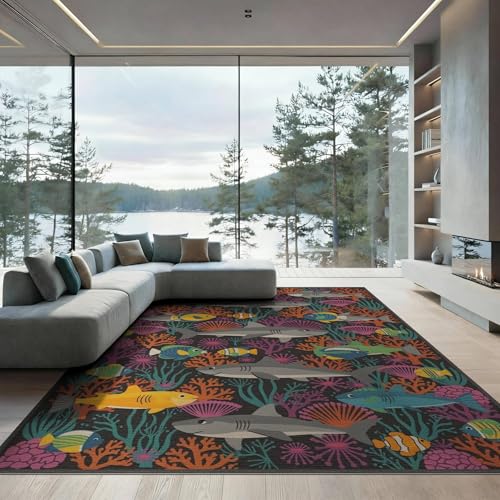 8'x10' Washable Graphic Shark Large Rug, Black Non-Shedding Pet Friendly Carpet Foldable Easy Care Mat for King Size Bedroom, Master Suite, Under Bed | Ref:2068058 - color: Black/Pattern 23, size: 8' x 10' (Rectangular)