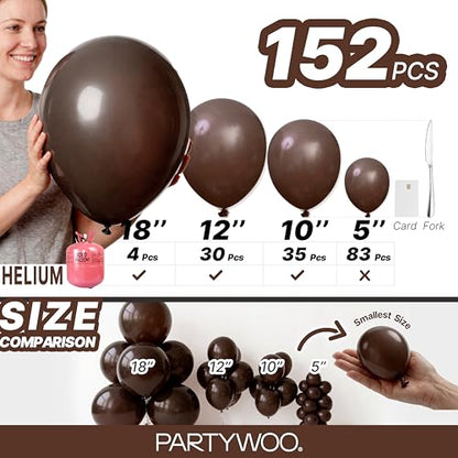 PartyWoo 다크 브라운 풍선 152피스 다양한 사이즈 45.7cm(18인치), 30.5cm(12인치), 25.4cm(10인치), 12.7cm(5인치) 보헤미안 커피 뉴트럴 가을 풍선 아치 키트 처녀 베이비 샤워 기념일 생일 파티 장식용 브라운-F20 - color: 브라운-f20