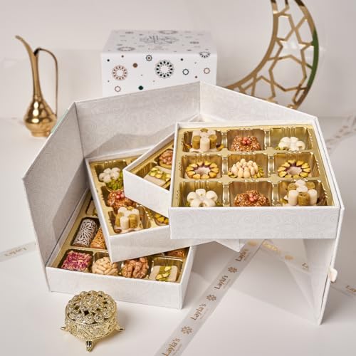 Layla’s Delicacies Mediterranean Treats Gift Box for Eid Mubarak - Handmade Healthy Mixed Nutty Flavors Pastries - Halal, Vegetarian, Gluten Free - 46 Bite-Size Treats - color: Eid Gift Box, size: 46 Count (Pack of 1)