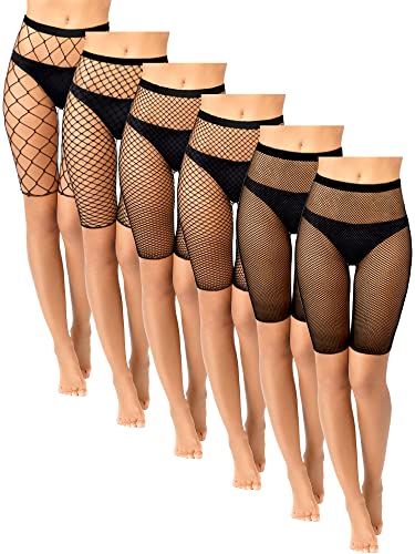 Sintege 6 Pairs Fishnet Shorts Elastic | High Waisted Sheer Mesh for Women, See Through Style, Stretchy Fit, Layering Under Dresses or Skirts, Club Festival Wear - color: Black