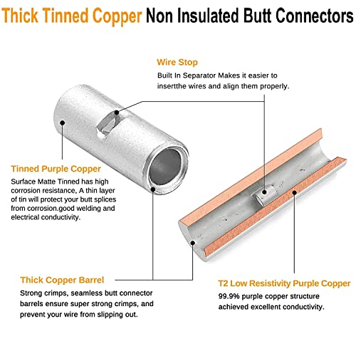 380pcs Non/Un Insulated Butt Connectors Wire Butt Splice 26-6 Gauge | SVAAR Heavy Duty Tinned Copper High Conductivity Marine Grade Seamless Barrel Crimp Splice Terminals Automotive,Marine,DIY - color: Non-Insulated Splice - Tinned Copper