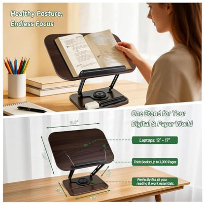 Book Stand for Desk, 360° Rotating Cookbook Holder for Hands-Free Reading Recipe Book Holder with Page Clips, Adjustable Height for Textbooks, Comics, Sheet Music - style: Book Stand(Walnut Finish)