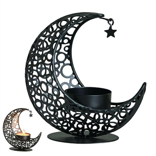 Metal Crescent Moon Candle Holder - Islamic Ramadan Moon Decor Stand, 3D Moons and Stars Ramadan Hollowed Decorative Tea Light Stand, Eid Gift for Muslims, Islamic Decorations (Black) - color: Black
