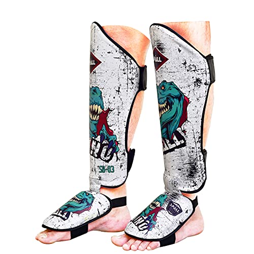 Spall Pro US Muay Thai Guards Shin Guards for Kickboxing Martial Arts BJJ Boxing Sparring with MMA Foot Protector Dino White
