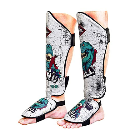 Spall Pro US Muay Thai Guards Shin Guards for Kickboxing Martial Arts BJJ Boxing Sparring with MMA Foot Protector Dino White