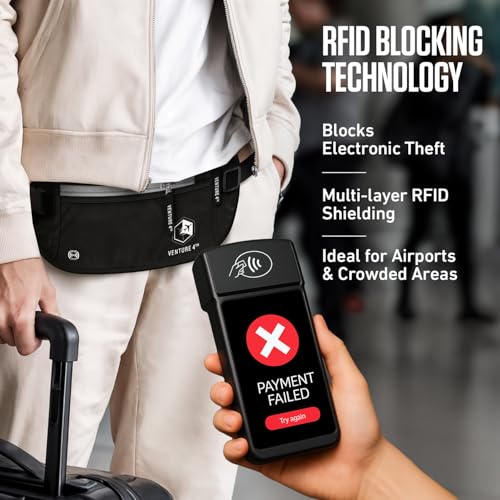 Amazon.com | VENTURE 4TH Money Belt for Travel – Slim Hidden Under-Clothes RFID Blocking Anti-Theft Passport Holder & Travel Wallet Pouch for Men & Women to Protect Cash, Cards & Documents (Black) | Travel Wallets