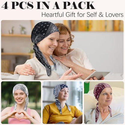 Ababalaya Chemo Headwear for Women Softer Headcover with Longer Tails, Breathable Skull Cap Non-Slip Sleep Beanie - color: 4 Pack Paisley