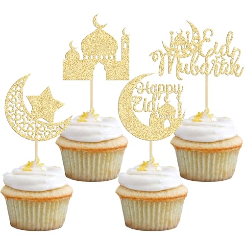 24 Pack Eid Mubarak Cupcake Toppers Gold Glitter Moon Star Happy Eid Cupcake Picks for Islamic Muslim Mubarak Festival Ramadam Kareem Party Cake Decorations Supplies - color: Gold-1