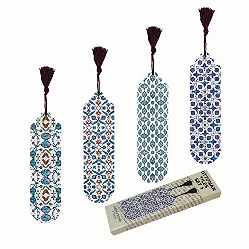 Pictor Gift Ottoman Tiles Set Decorative 4 Piece Bookmark Set, Ramadan, Eid Mubarak, Islamic Metal Pressed with Suede Back… (Ottoman Tiles Set 1) - color: Ottoman Tiles Set 1