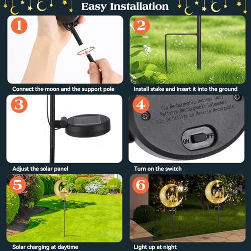 Lewondr 2Pcs Ramadan Solar Lights, Ramadan Decorations Outdoor, Metal Yard Signs LED Eid Decorations Mubarak Star Moon Castle, Waterproof Solar Garden Stakes Lights for Walkway Lawn Patio - style: Moon and Castle