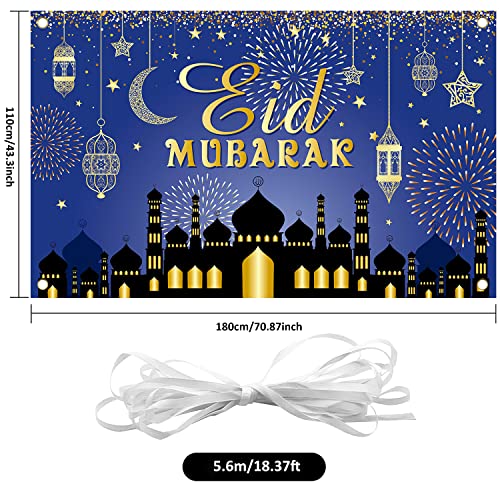 Large Eid Mubarak Party Decorations, Blue and Gold Ramadan Mubarak Backdrop Banner, Muslim Ramadan Banner Photo Booth Backdrop for Eid Mubarak Indoor and Outdoor Home Decor