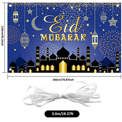 Large Eid Mubarak Party Decorations, Blue and Gold Ramadan Mubarak Backdrop Banner, Muslim Ramadan Banner Photo Booth Backdrop for Eid Mubarak Indoor and Outdoor Home Decor