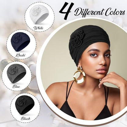 JenPen 4 Pcs Cotton Chemo Headwear for Women Turban Soft Cancer Head Scarf Hats Beanie Elastic Hair Wraps - color: Solid Color