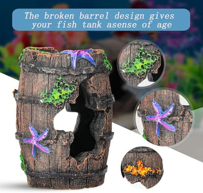 Star-Fish Broken Barrel Betta Fish Tank Decorations, Fish Aquarium Decorations Broken Barrel x 1pc, Tank Accessories Ornaments Starfish x 2pcs(Yellow and Blue