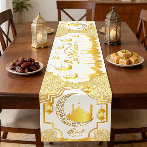 Ramadan Mosque Linen Table Runner: White and Gold Mosque Moon Tablerunner Muslim Eid Al-fitr Eid Mubarak Perfect for Ramadan Party Home Kitchen Dining Mantel 13×72Inches(1 Pcs) - color: Ramadan White