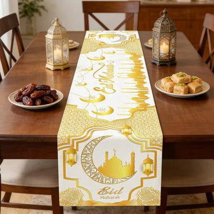 Ramadan Mosque Linen Table Runner: White and Gold Mosque Moon Tablerunner Muslim Eid Al-fitr Eid Mubarak Perfect for Ramadan Party Home Kitchen Dining Mantel 13×72Inches(1 Pcs) - color: Ramadan White