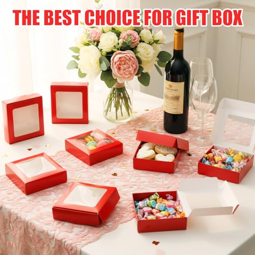 Zonon 30 Pcs Kraft Paper Boxes with Window 4.13 x 4.13 x 1.18 Inch Candy Packaging, Small Gift Boxes, Soap holder, Mini Treat Packaging for Bakery Chocolate Jewelry Display (Red) - color: Red