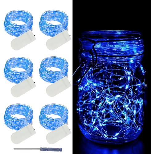 LAMPHOME 6 Pack Blue Fairy Lights Battery Operated - 7ft 20 LED Lights Copper Wire Mini String Light Firefly Light for Mason Jars DIY Crafts Christmas Wedding Party Centerpiece Table Decor - color: Blue, size: 6 PACK