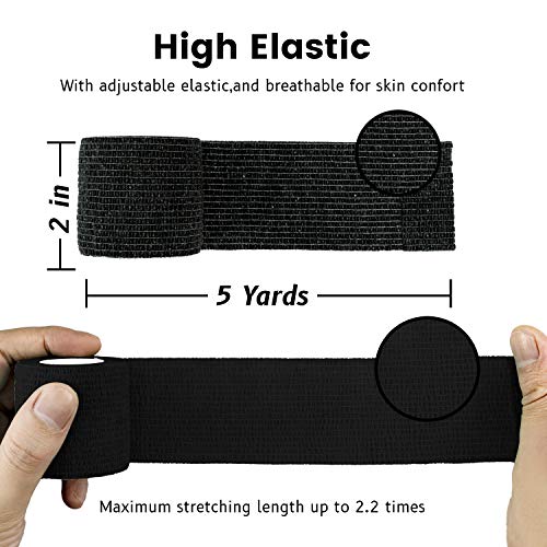 FRESINIDER 9 Rolls Self Adhesive Wrap Athletic Tape Gauze, Breathable Elastic Cohesive Bandage for Sports Injury & Pet (7 Pcs 2" x 5 Yards + 2 Pcs 1" X 5 Yards) (Black) - color: Black